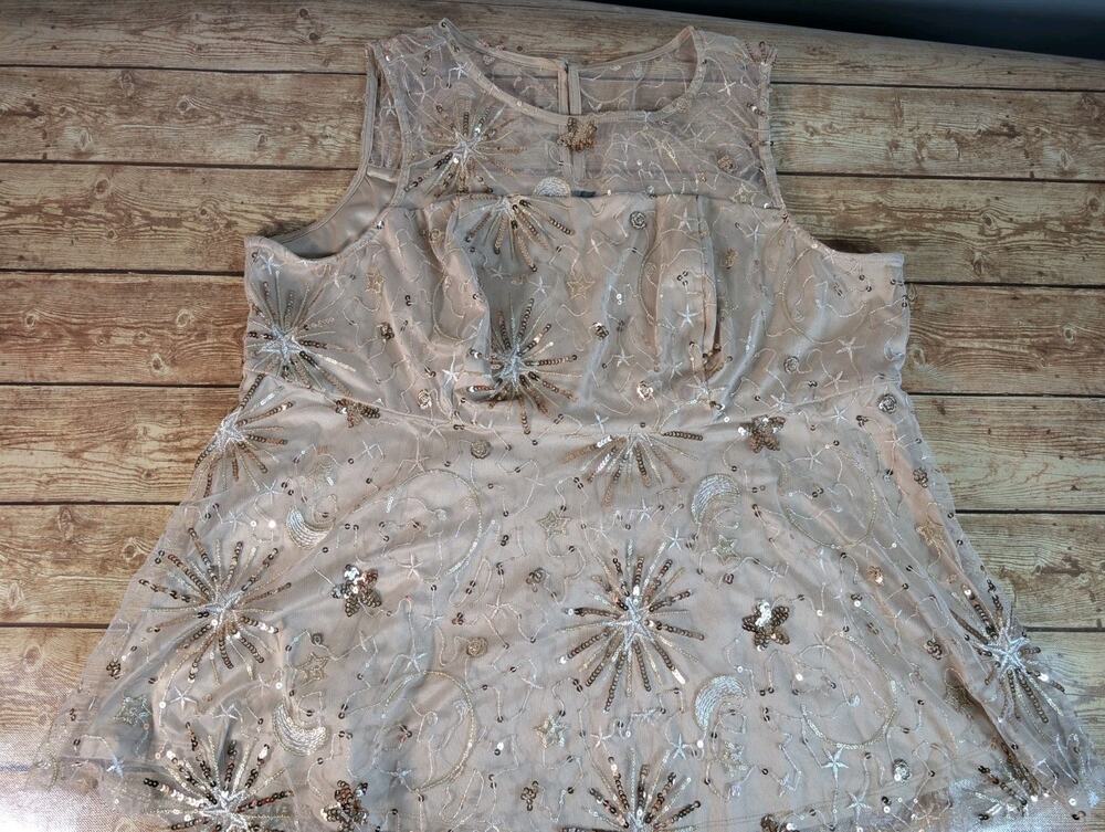 Torrid 3X Embroidered Space Mesh Babydoll Top Rose Gold Sequin Star Moon Blouse